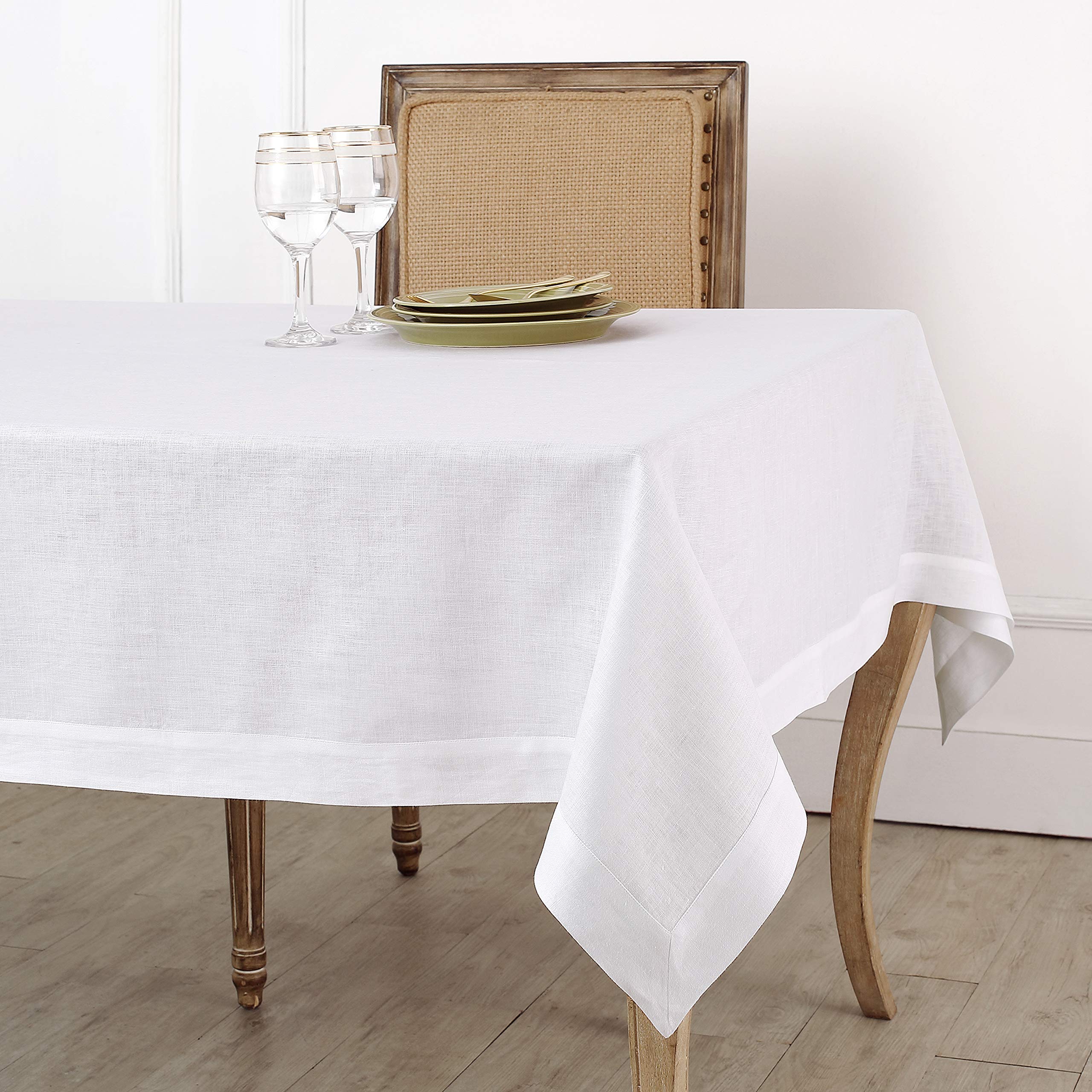 Solino Home 100% Linen Tablecloth - 60 x 120 Inch White, Natural Fabric, European Flax - Athena Rectangular Tablecloth for Indoor and Outdoor use