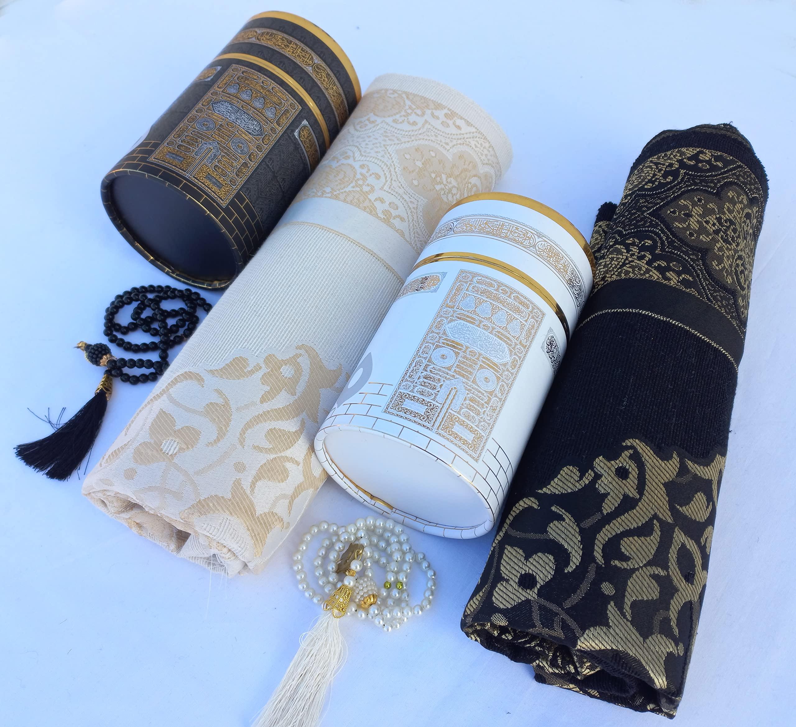 RAMSE Muslim prayer mat, Two Prayer mats and Prayer Beads with Kaaba Design Cylinder Gift Box,Islamic Gifts, Janamaz, Sajadah (Kaaba style -2)
