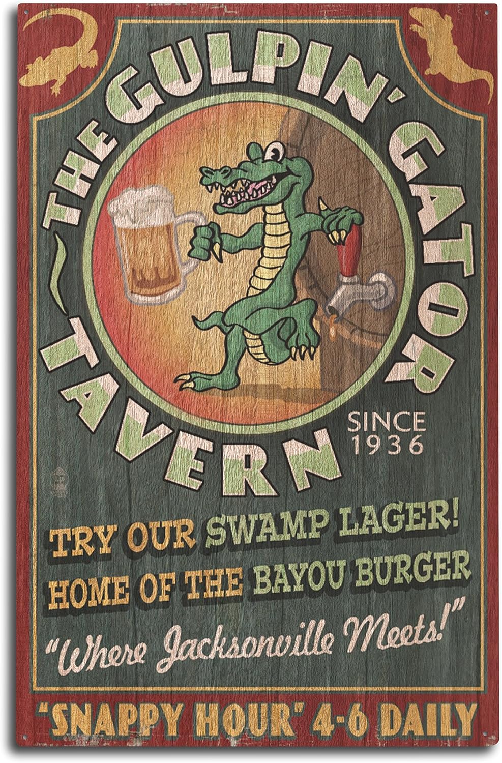 Lantern Press Jacksonville, Florida, The Gulpin Gator Tavern, Vintage Sign 75544 (10x15 Wood Wall Sign, Wall Decor Ready to Hang)