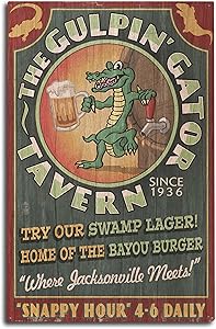 Lantern Press Jacksonville, Florida, The Gulpin Gator Tavern, Vintage Sign 75544 (10x15 Wood Wall Sign, Wall Decor Ready to Hang)