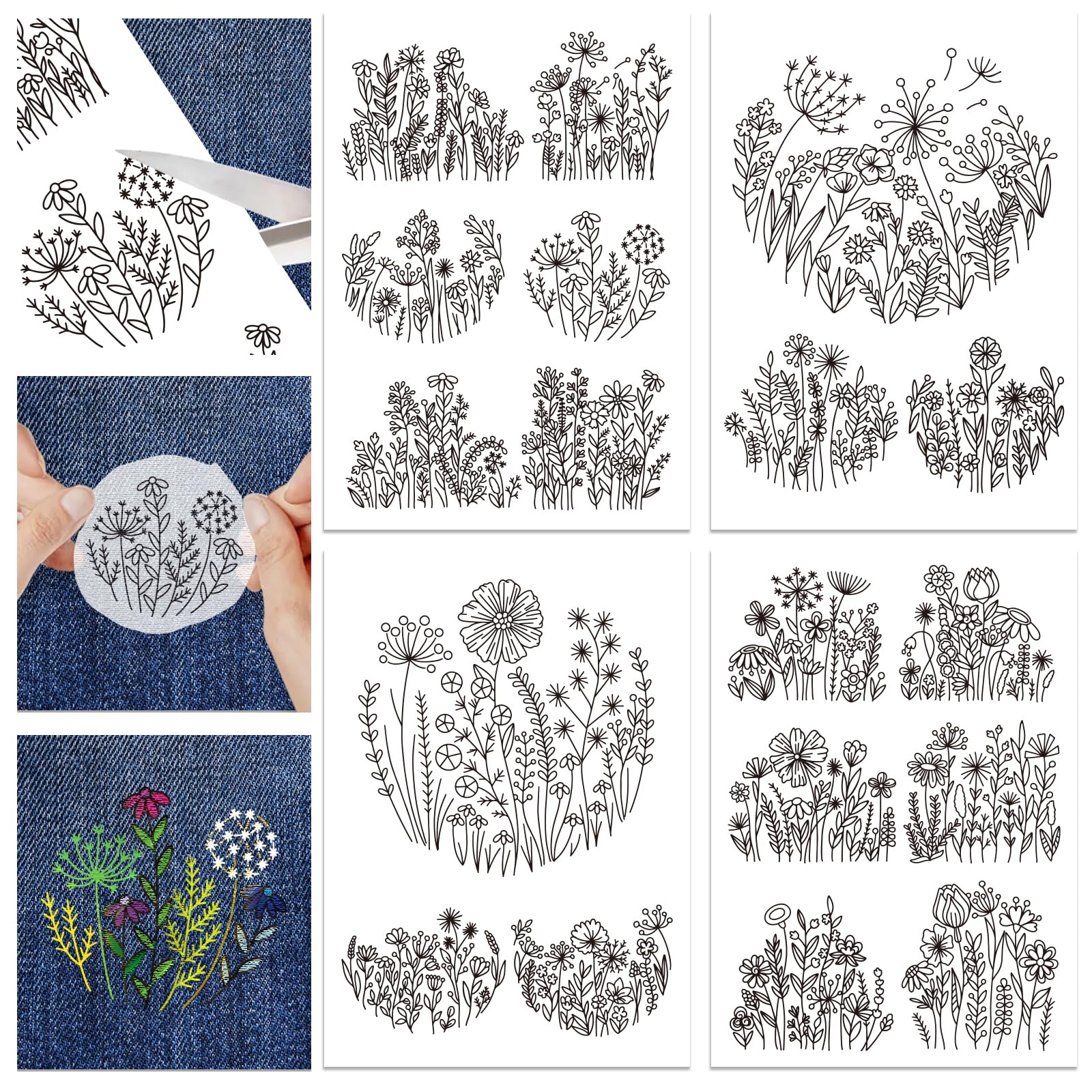 GLOBLELAND 4 Sheets 18Pcs Flowers Water Soluble Hand Sewing Stabilizers for Fabric Dandelion Daisy Embroidery Stitch Practice Eembroidery Patterns Transfers for Embroidery Beginners Lovers