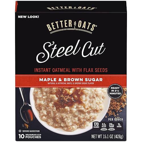 Better Oats Maple and Brown Sugar Steel Cut Oatmeal Packets, Instant Oatmeal Packets with Steel Cut Oats and Flax Seeds, Ready in 2.5 Minutes, Maple Brown Sugar Flavor, Pack of 6, 15.1 OZ Pack