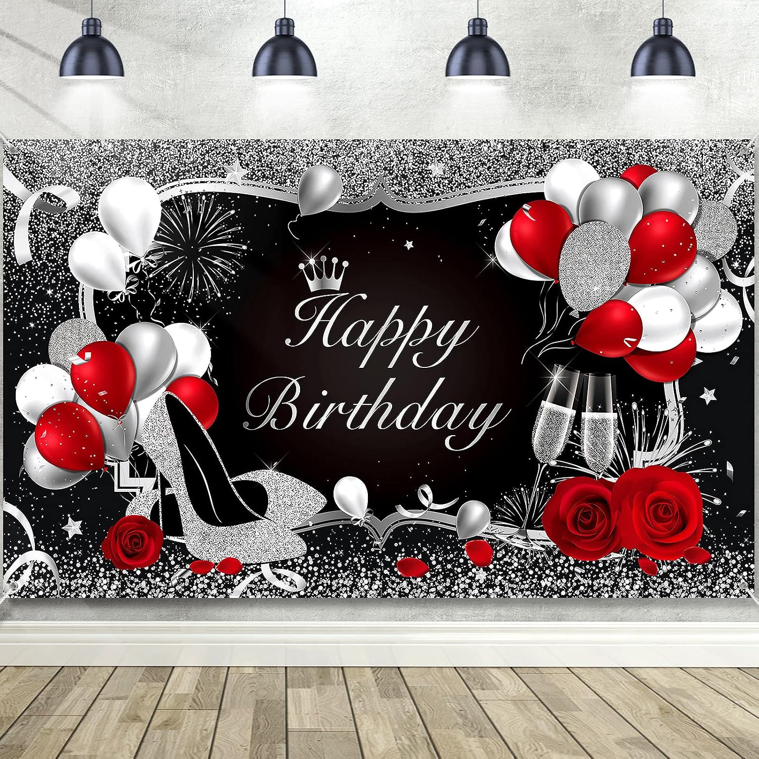 Silver and Black Happy Birthday Backdrop Banner Large Balloons Background Pink Red Champagne Glitter High Heels for Party Decorations 185 x 110 cm