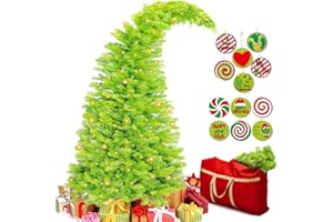 Seenelling Bendable Christmas Tree Whimsical Christmas Pre-Lit Lime Green Stole Bent Top Artificial Xmas Tree Decorations with LED Lights Ornament Bag(7.5ft)