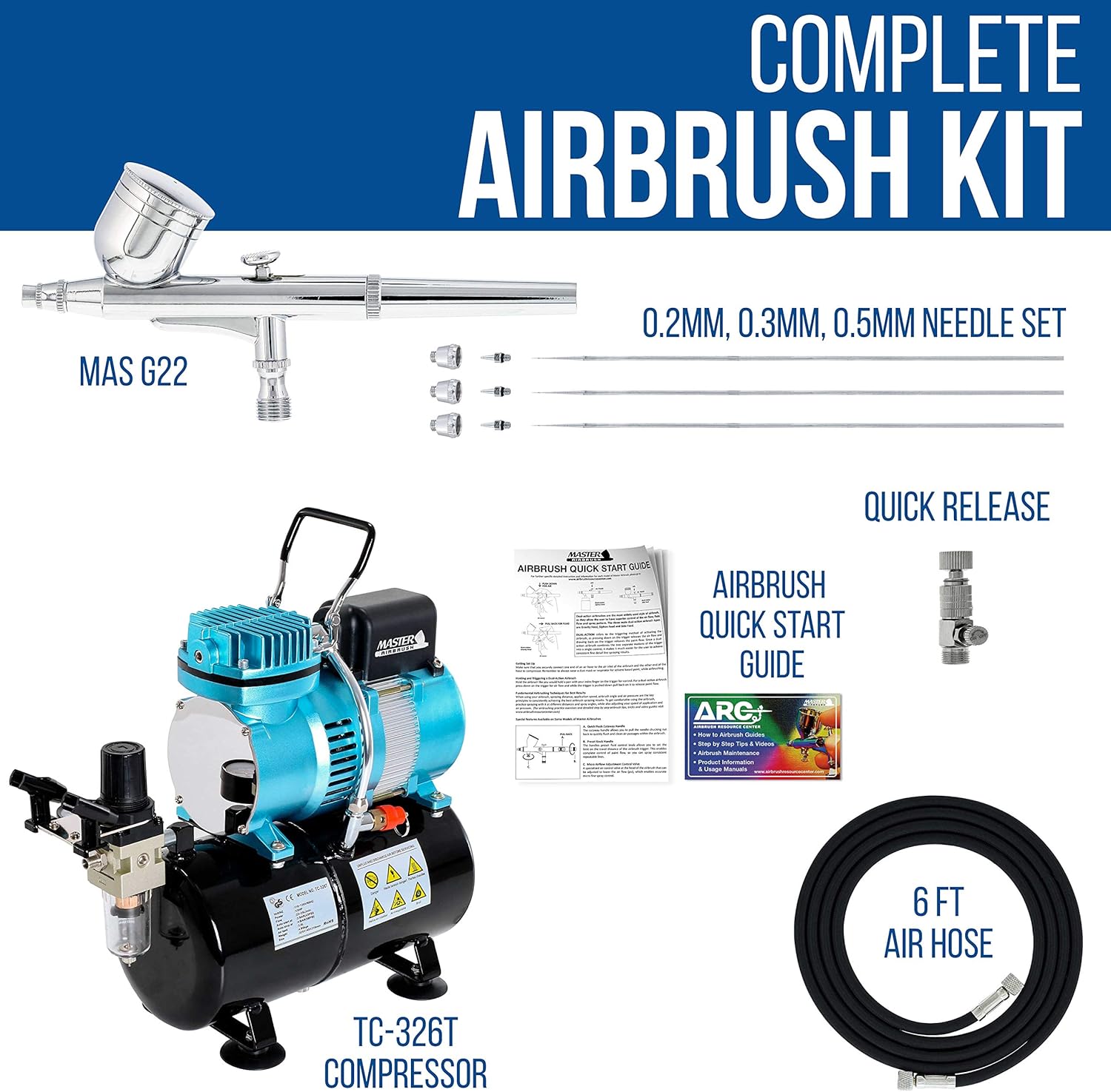 Master Airbrush Cool Runner II Dual Fan Air Tank Compressor System Kit with a Pro Set G222 Gravity Airbrush Kit with 3 Tips 0.2, 0.3 & 0.5 mm - Hose, Holder, How-to Guide - Hobby, Auto, Cake, Tattoo: Arts, Crafts & Sewing