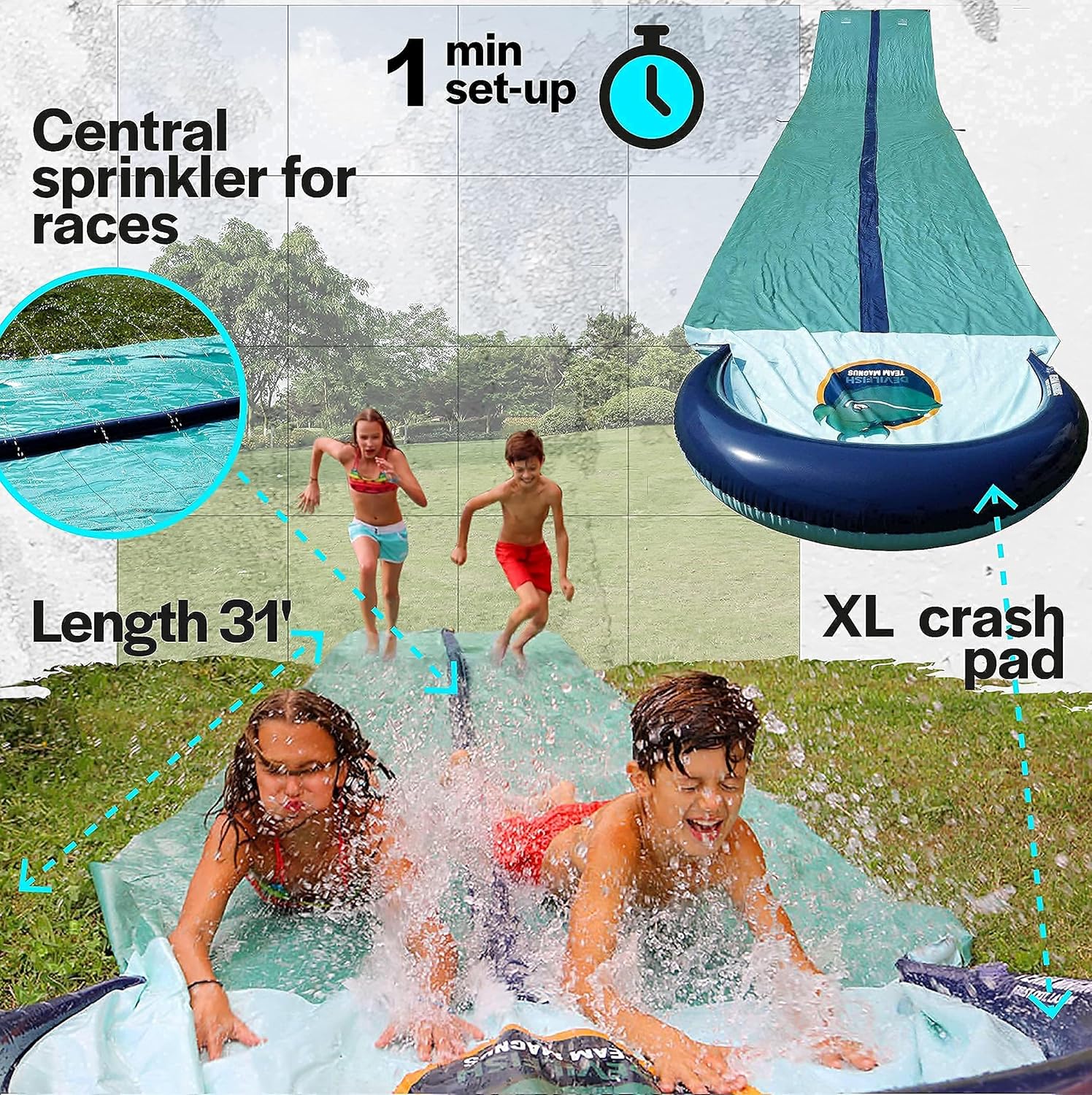 TEAM MAGNUS Water Slide - Central Sprinkler and XL Crash pad for Backyard Races: Home & Kitchen