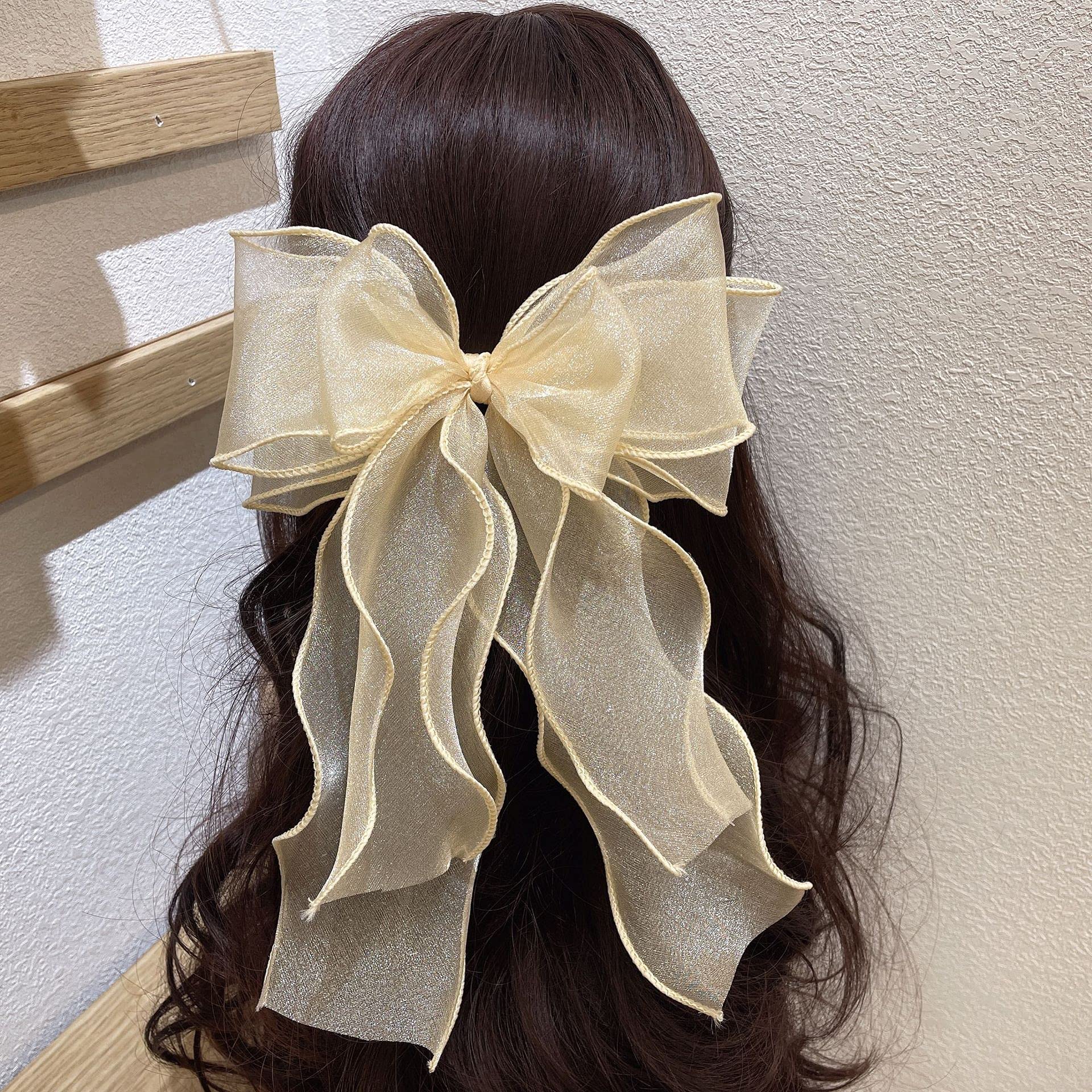 Duories Large Hair Clip Hair Bows Girls, Women's Hair Clips Hair Clips Hair Clips Elegant Long Organza Bow Hair Accessories for Women Girls Thick Hair Thin Hair, Beige