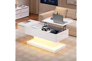 GDFStudio Lift Top Coffee Table with LED Lights, High Gloss White Centre Table with Sliding Extendable Desktop, Height Adjust