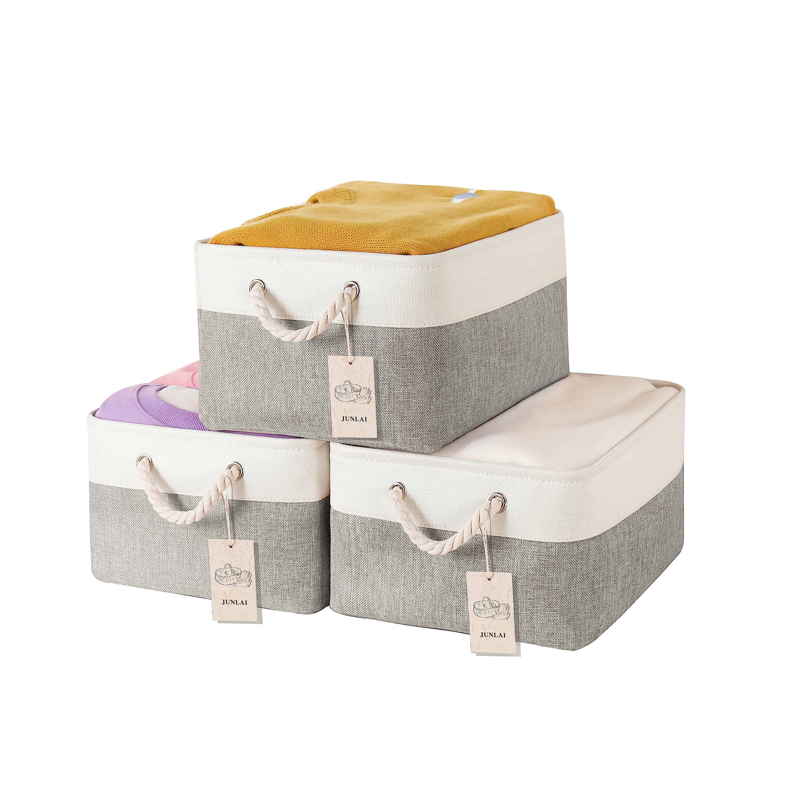 JUNLAI 3 Pcs Storage Baskets with Handles, Foldable Large Storage Boxes, Fabric Wardrobe Storage Basket for Office & Home, Book, Clothes, Toys（Grey and White, Large） — image 1
