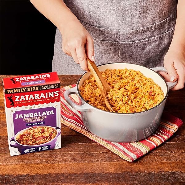 ZATARAIN’S RICE MIX, JAMBALAYA, FAMILY SIZE, LONG GRAIN RICE WITH ONIONS, BELL PEPPERS, GARLIC, PAPRIKA, AND RED PEPPERS, JUST ADD MEAT FOR EASY-PREP, NEW ORLEANS STYLE RICE MEAL, 12 OZ