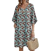 Zeagoo Womens Casual Summer Dress Boho Beach Dresses Tassel Tie Neck 2026 Floral Cover Up Spring 3/4 Sleeve Mini Sundress