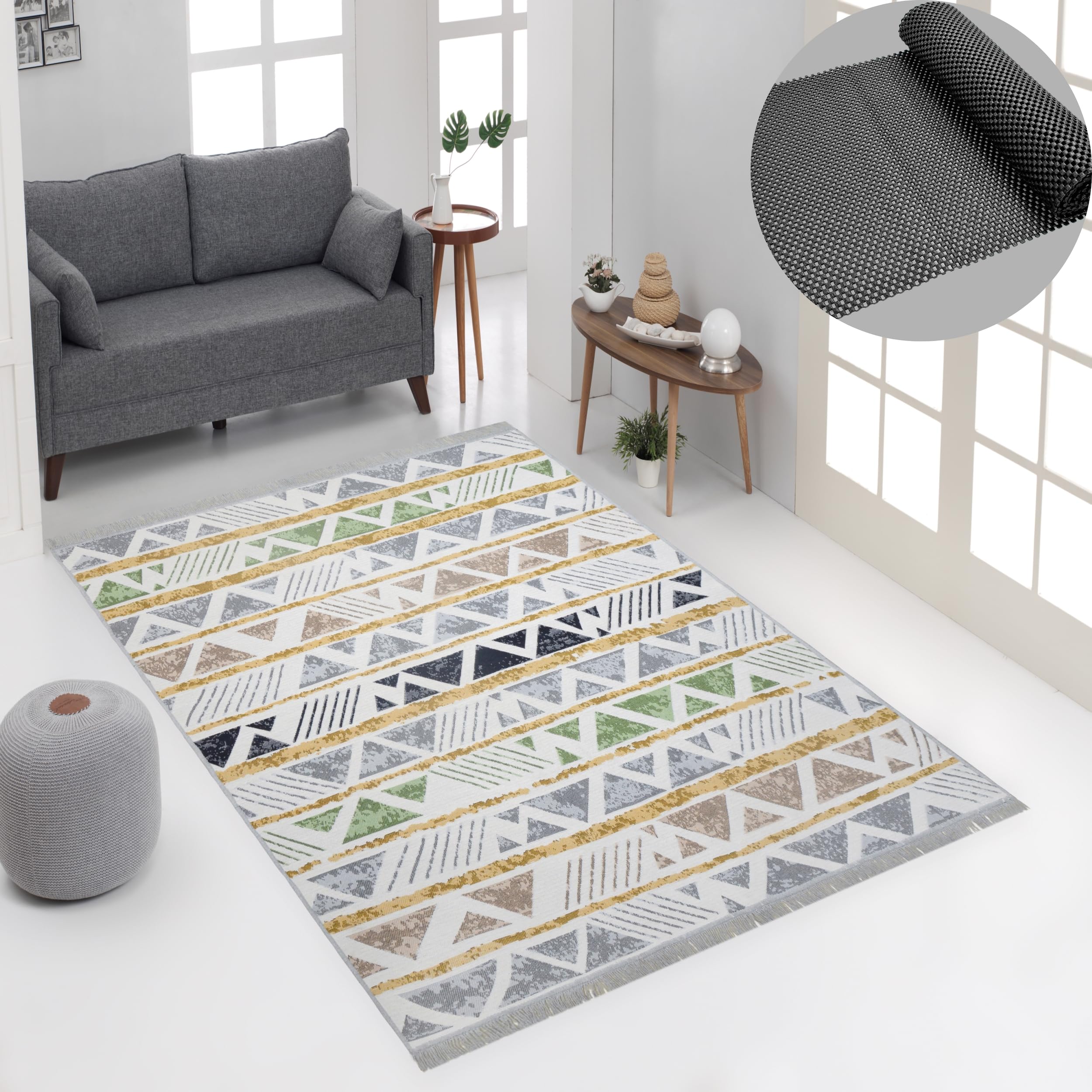 ALPSA TEXTILE Reversible Hallway Runner with Non Slip Mat | Machine Washable Area Rugs for Living Room, Bedroom and Kitchen | Carpet Runner Rugs for Hallway | Small Rug (Grey-Yellow, 120 x 170)