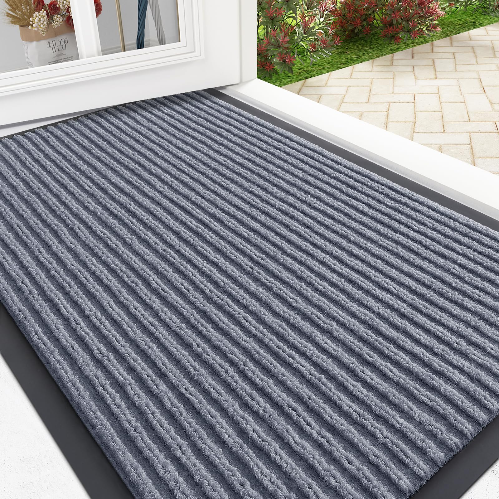 OLANLY Front Door Mat Indoor Outdoor Entrance, Waterproof Heavy Duty Doormat, Fade Resistant, Low Profile, Easy Clean Patio Porch Welcome Floor Mats for Entry, 47x17, Ash Grey Image