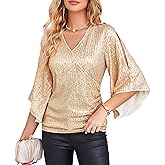 GRACE KARIN Womens Sparkly Sequin Tops,3/4 Sleeve Glitter Party Dressy Blouse,V-Neck Disco Evening Club Concert Shirt