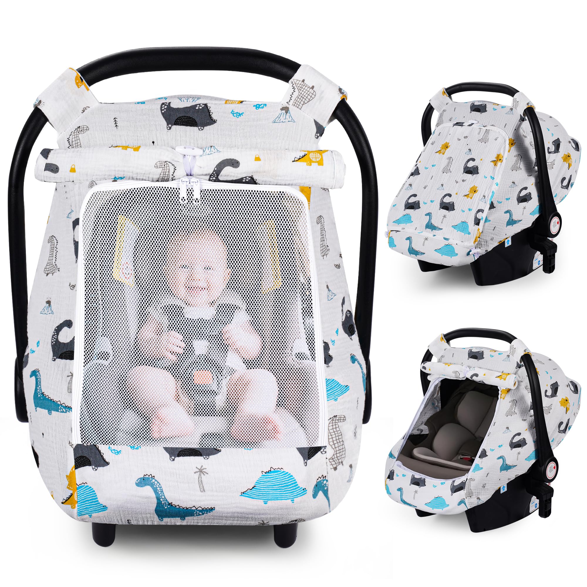 Photo 1 of Rquite Car Seat Cover Baby, Carseat Covers Girl Boy, Breathable Muslin Cotton, Large Mesh Window, Infant Car Seat Canopy Baby Carrier Cover Stroller Sun Shade for Summer & Hot Day