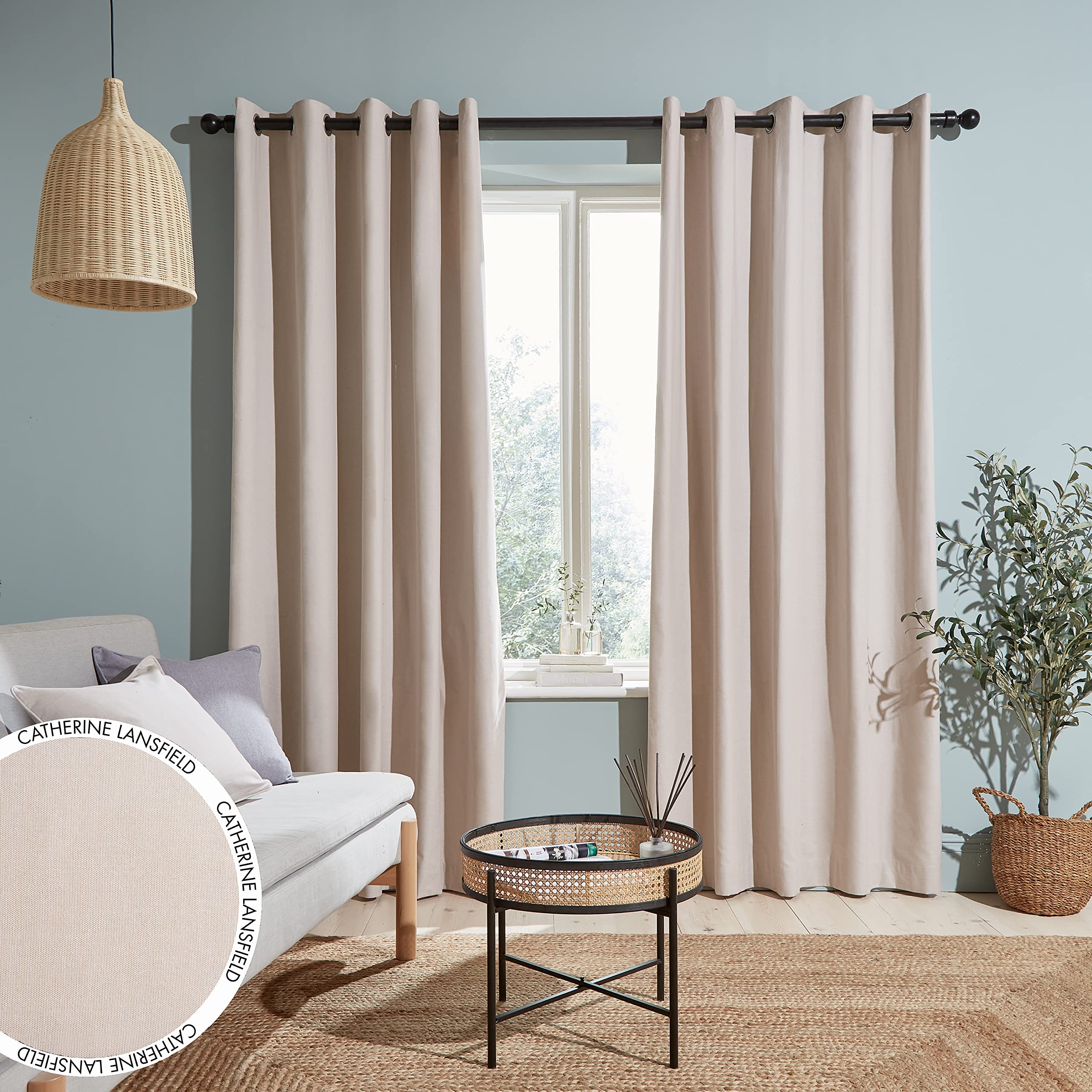 Catherine Lansfield Yarn Dyed Cotton Chambray 46x72 Inch Eyelet Curtains Two Panels Natural