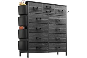 Lulive Dresser for Bedroom with 12 Drawers, Tall Dresser Chest of Drawers with Side Pockets and Hooks, Fabric Dresser Storage Tower for Closet, Hallway, Living Room (Black Wood Grain)