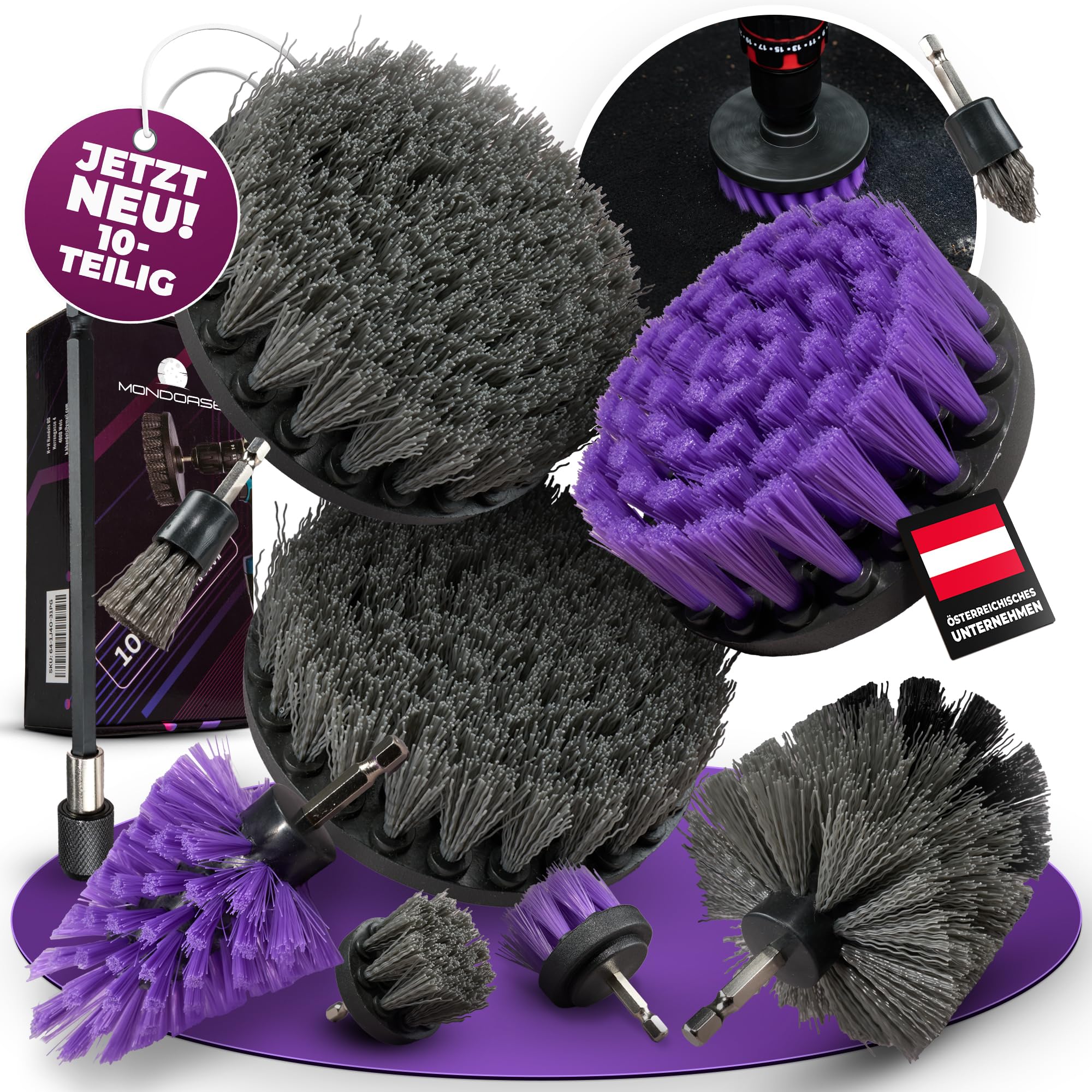 Bürstenaufsatz für Akkuschrauber 10-teilig – Drill Brush Reinigungsbürste – Bad, Küche, Auto, Fliesen, und mehr. I Reinigungsbürste Akkuschrauber I Bürstenaufsatz Bohrmaschine MONDOASE 8