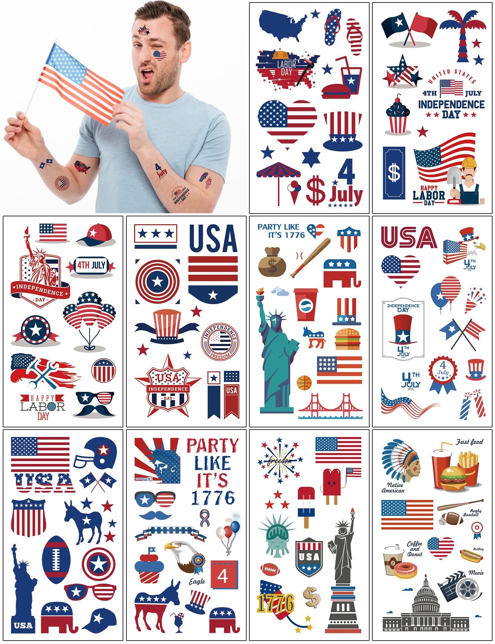 Photo 1 of 10 Sheets American flag Independence Day Temporary Tattoos For July 4th Parades And Celebrations,Easy to Use and Removal