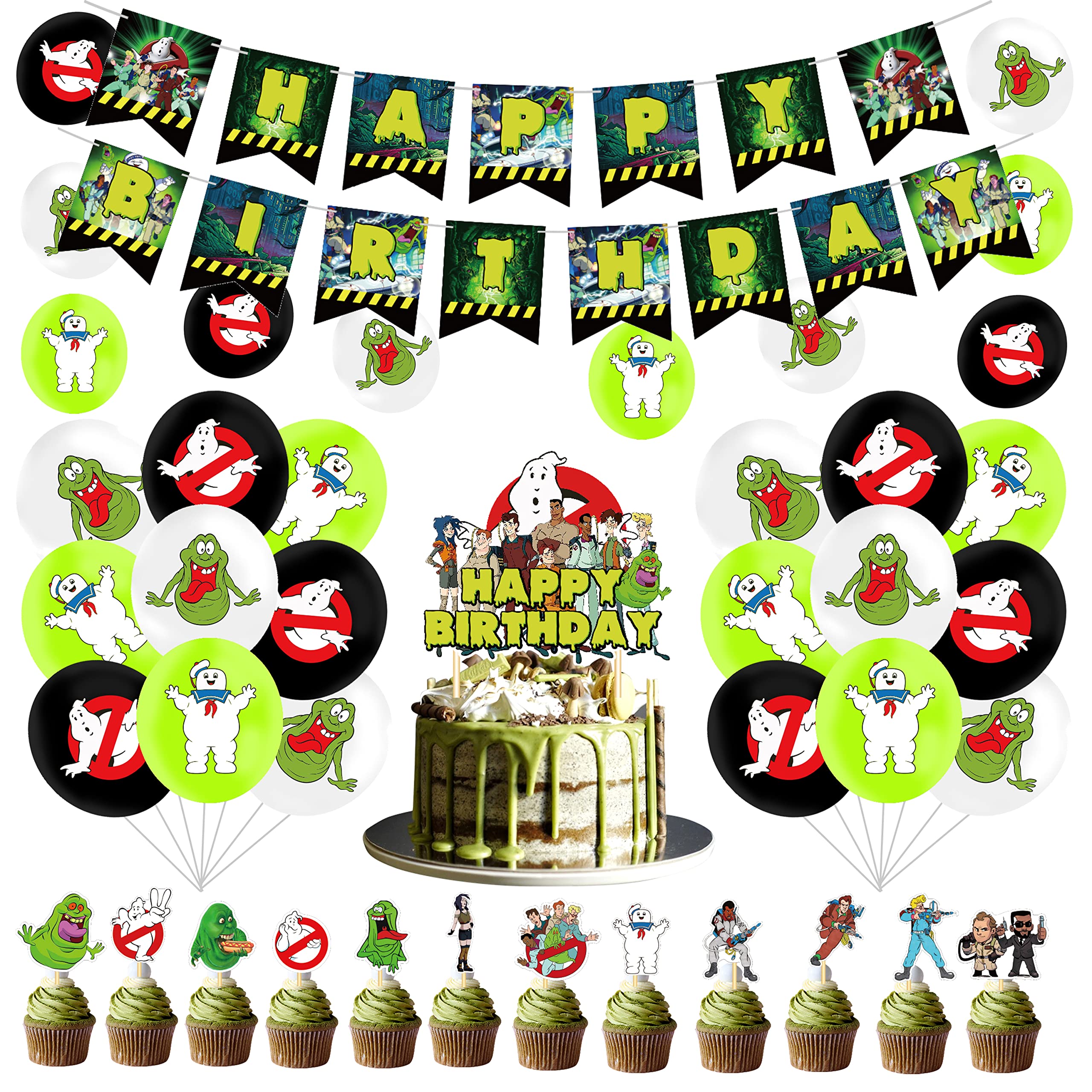 CMDXBD Ghostbusters Party Supplies: Green Birthday Banner, Cake Topper, 18 Latex Balloons, 12 Cupcake Toppers