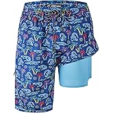 Mens Swim Trunks 9" Board Shorts with Compression Liner Swimsuit Built-in Bathing Suit Quick Dry Swimwear Zipper Pocket