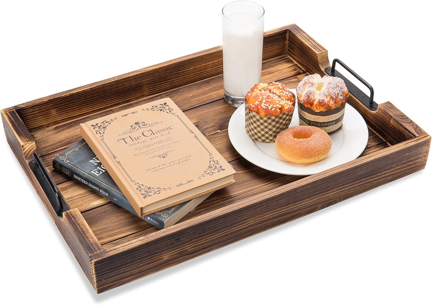 Rustic Burnt Wood 20-Inch Serving Tray with Modern Black Metal Handles: Home & Kitchen