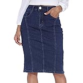 GUANYY Womens Denim Skirt-High Waisted Knee Length Slim Fit Pencil Stretch Jean Skirt