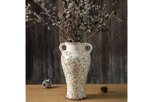 Enra Farmhouse Vintage vase with Handle,12.6 in Ceramic Chinoiserie Floral Vase,Green and Beige Decorative Flower vase,Large Rustic Vases for Home Decors, Living Room, Bookshelf, Office