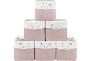 Patvingot 11x11 Cube Storage Bins, 6 Pack Foldable Fabric Organizer Bins with Rope Handles, Storage Cubes for Organizing Bedroom, Living Room, Clothes and Toys, Shelves and Closet (White & Pink)