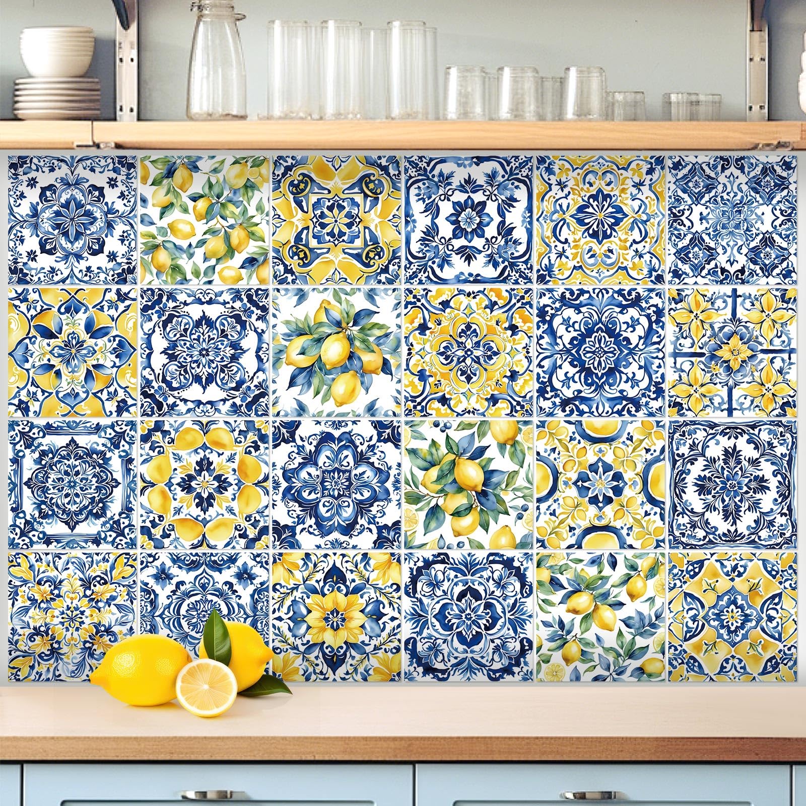 Photo 1 of Faccito 24 Pcs Lemon Tile Stickers 4x4 Inch Watercolor Mediterranean Lemon Summer Peel and Stick Removable Self Adhesive PVC Waterproof Tile Stickers Amalfi Coast Decor for Kitchen Bathroom Backsplash