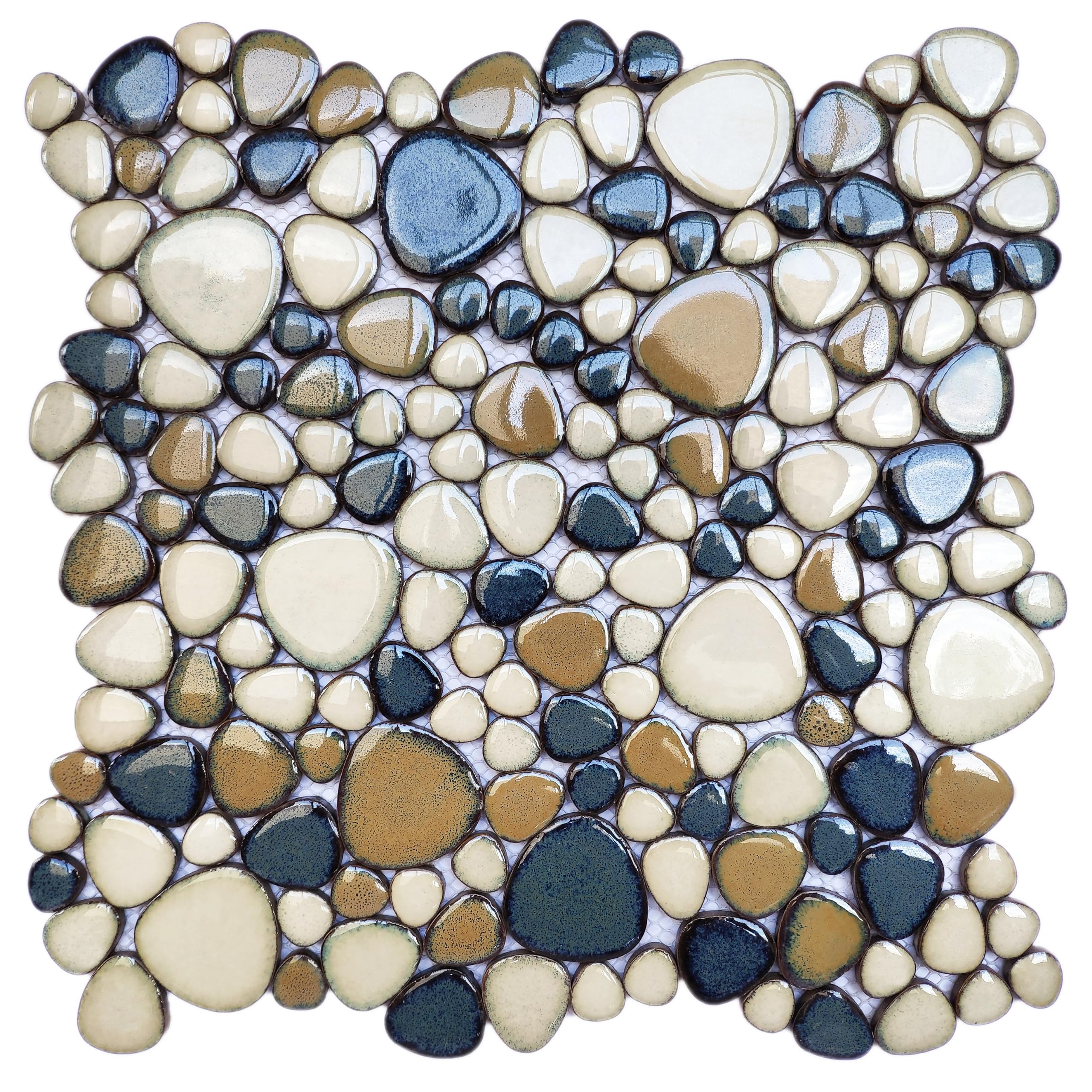 Photo 1 of Elephantile Pebble Tile for Shower Floor Brown Blue Pebbles Mosaic Tiles for Bathroom Floor [Set of 5 Sheets]