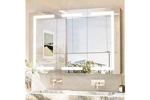 TokeShimi 48x32 Surface Mount Medicine Cabinet Mirror with Electrical Outlet, Frontlit Anti-Fog 3 Colors Temperature Dimmable Surface or Recessed Mount for Bathroom Vanity and Modern