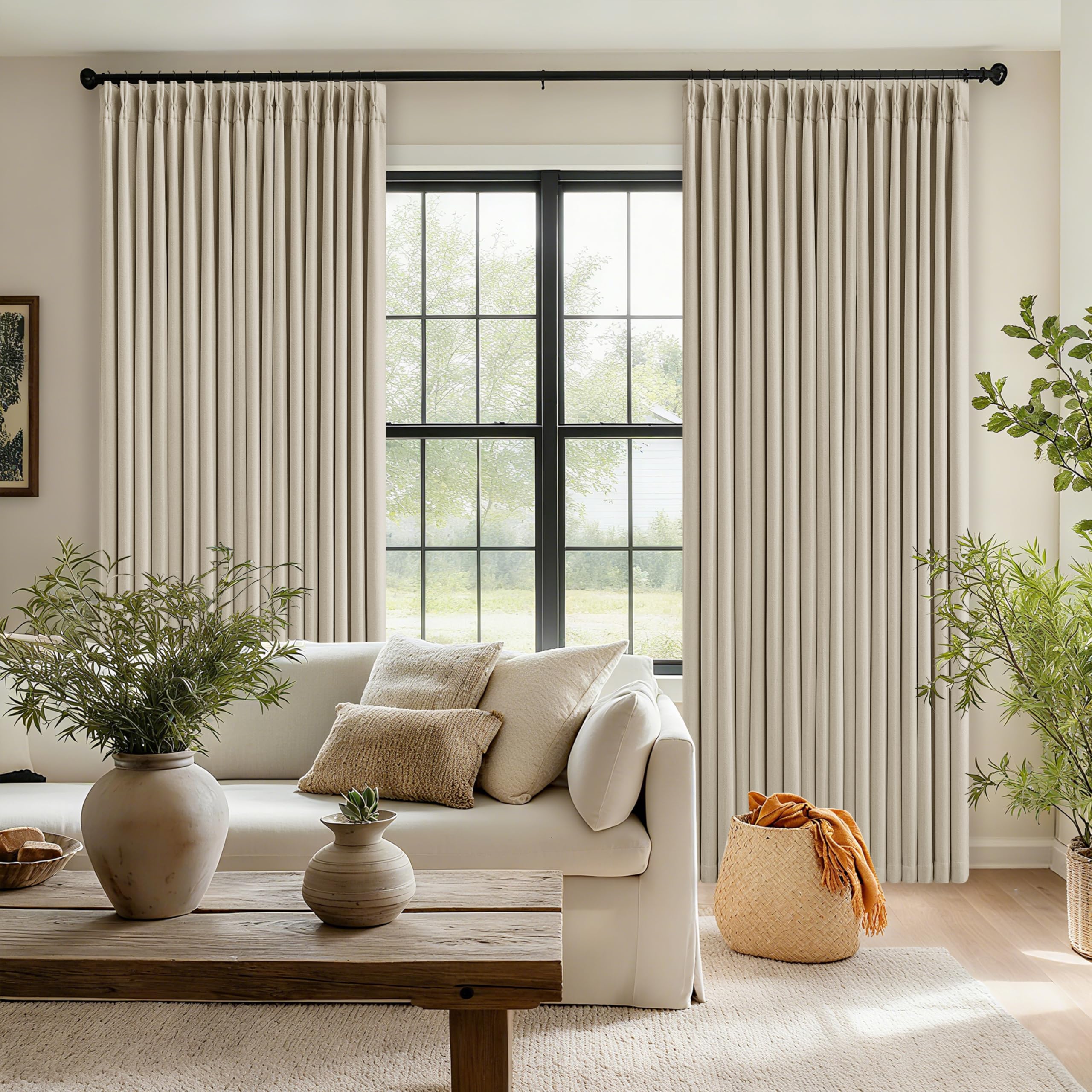 Photo 1 of Pinch Pleated Blackout 90 Inch Curtains 70 Inch Wide Linen Dual Layer Soundproof Farmhouse Bedroom Window Curtains for Living Room Sliding Door with Hooks Rings Back Tab 100% Black Out Drapes 1 Panel