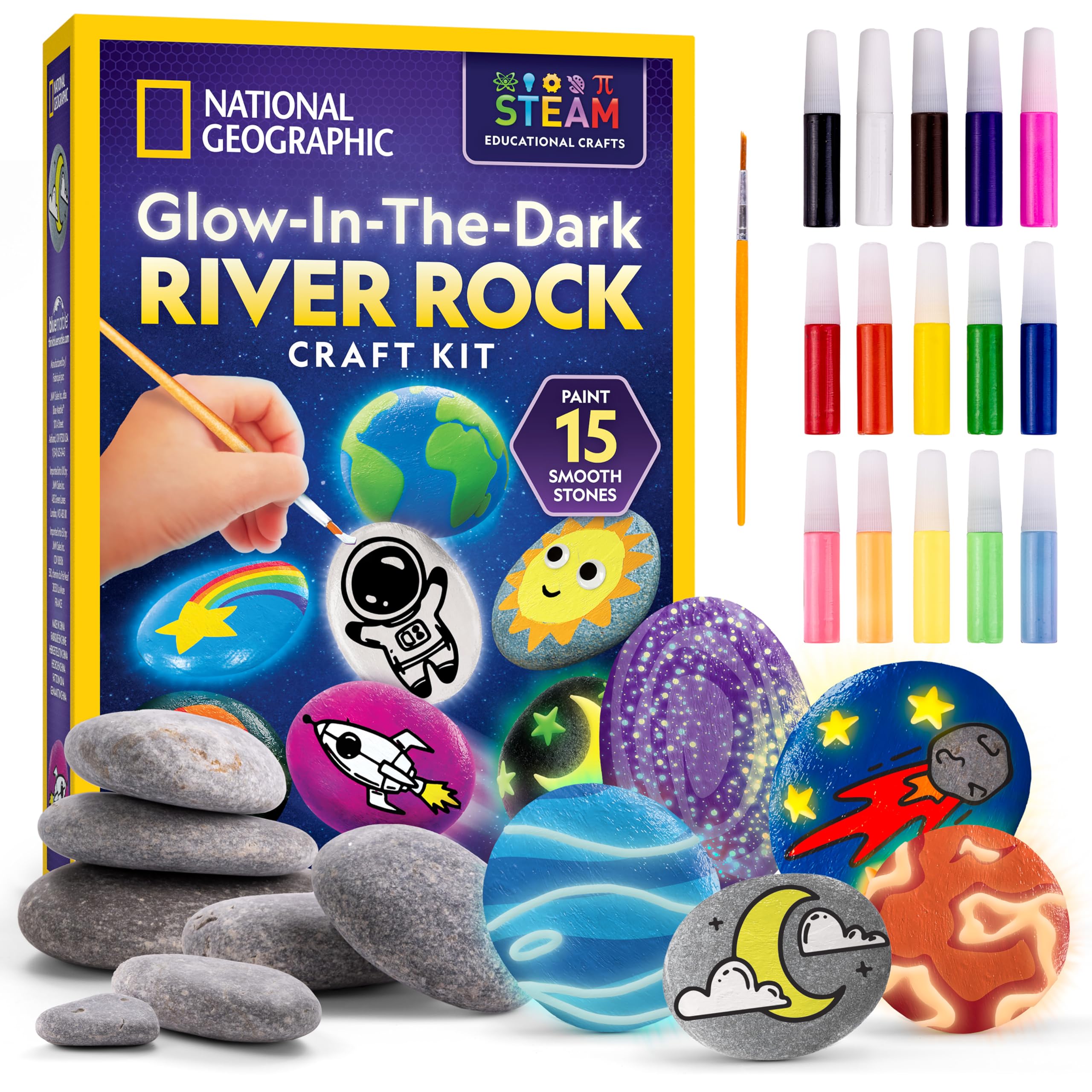 Blue Marble National Geographic Glow in the Dark Rock Painting Kit - Arts & Crafts Kit for Kids, Decorate 15 River Rocks with 15 Paints & Art Supplies, Kids Craft