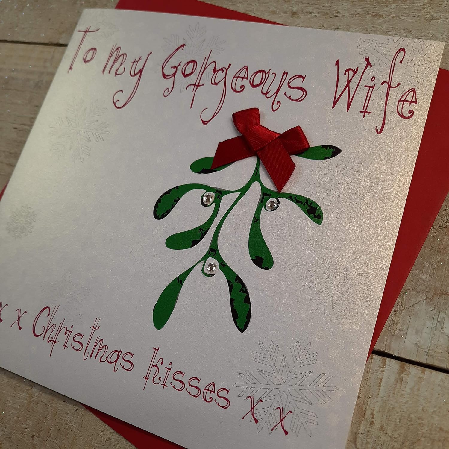 White Cotton Cards To My Gorgeous Wife Kisses xx Handmade Christmas Card (Mistletoe), 16cm x 16cm - Image 3