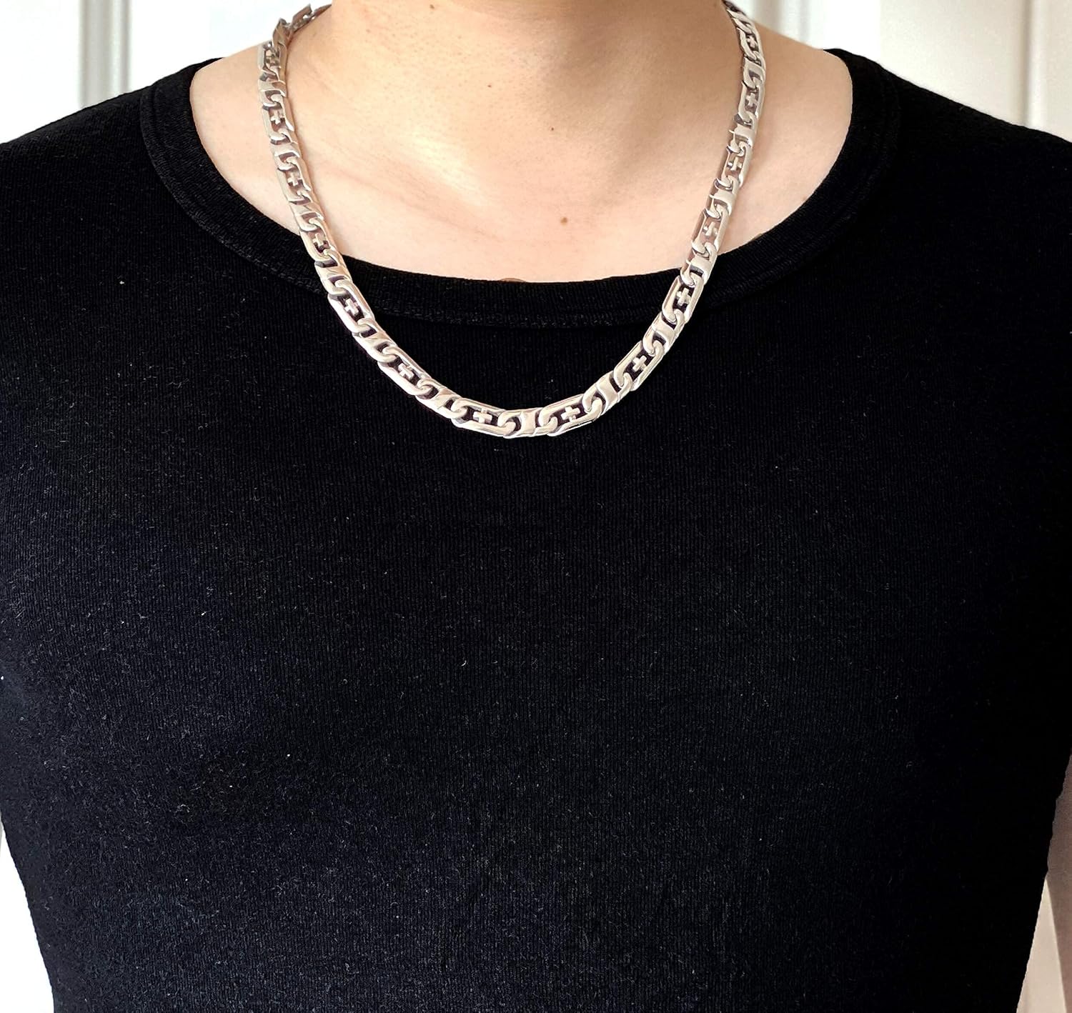 Flat Curb Mens Necklace, Figaro Chain for Men Boys, Highly Polished Stainless Steel Flat Cuban Link Necklace, Solid Flat Mariner Link Chain Necklace for Men | 