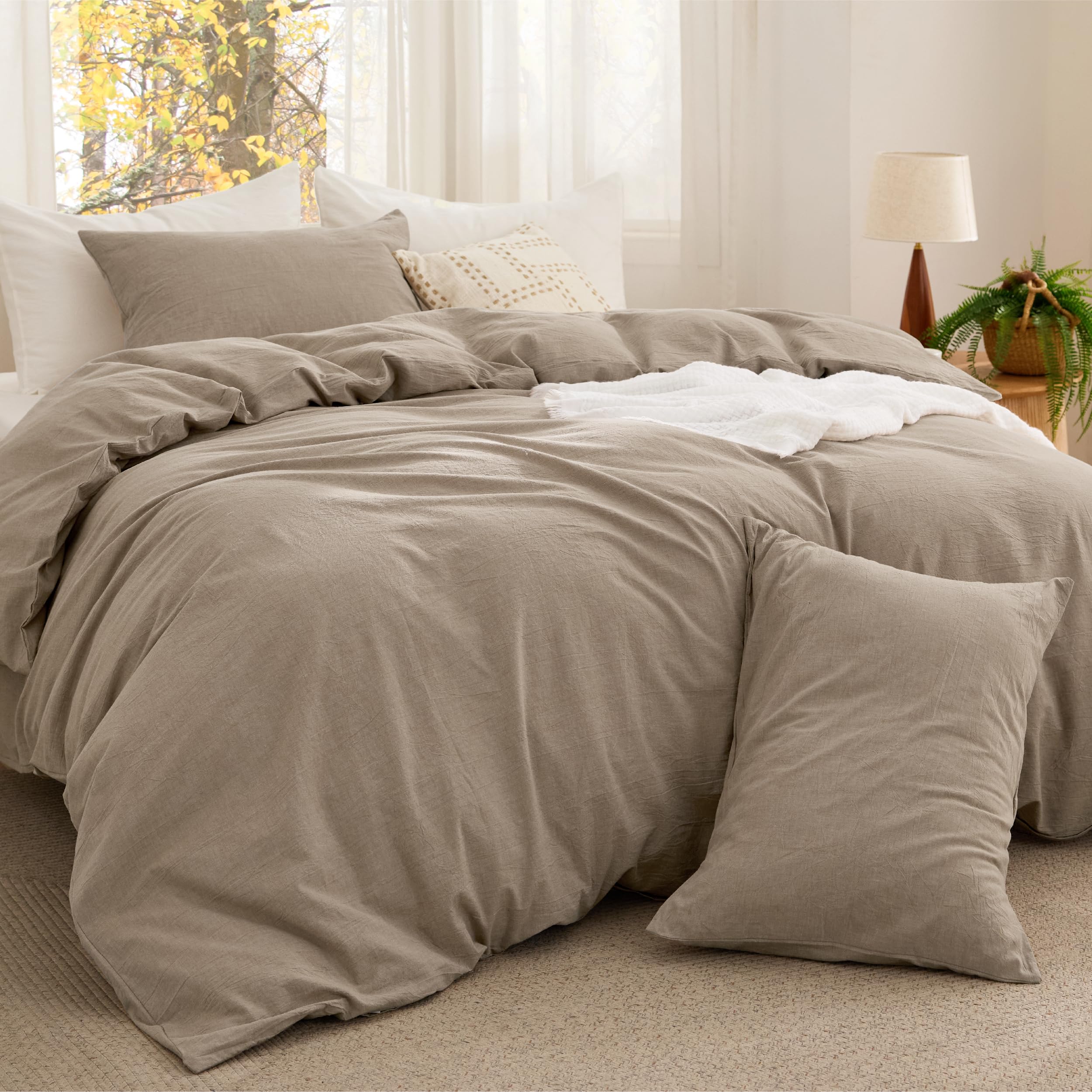 Photo 1 of Bedsure Comforter Set California King Size - Cotton Fabric with Microfiber Inner Fill, Taupe Soft Bed Set for All Seasons, 3 Pieces, 1 Comforter (104" x 96") and 2 Pillow Cases (20" x 36")