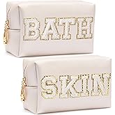 CY2SIDE SKIN Letter Makeup Bag - 2PCS SKIN and BATH Chenille Letter Patch Cosmetic Bag Preppy PU Leather Patch Pouch Waterproof Portable Zipper Travel Organizer Case Christmas Gifts for Women Girls