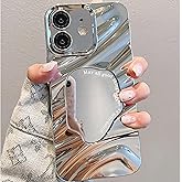 Mephoro Mirror Case for iPhone 15 Pro Max Case, Built-in Make up Mirror, Water Ripple Pattern, Fashion Luxury Plating, for Women and Girls, Soft Flexible Wave Frame Shap, Silver