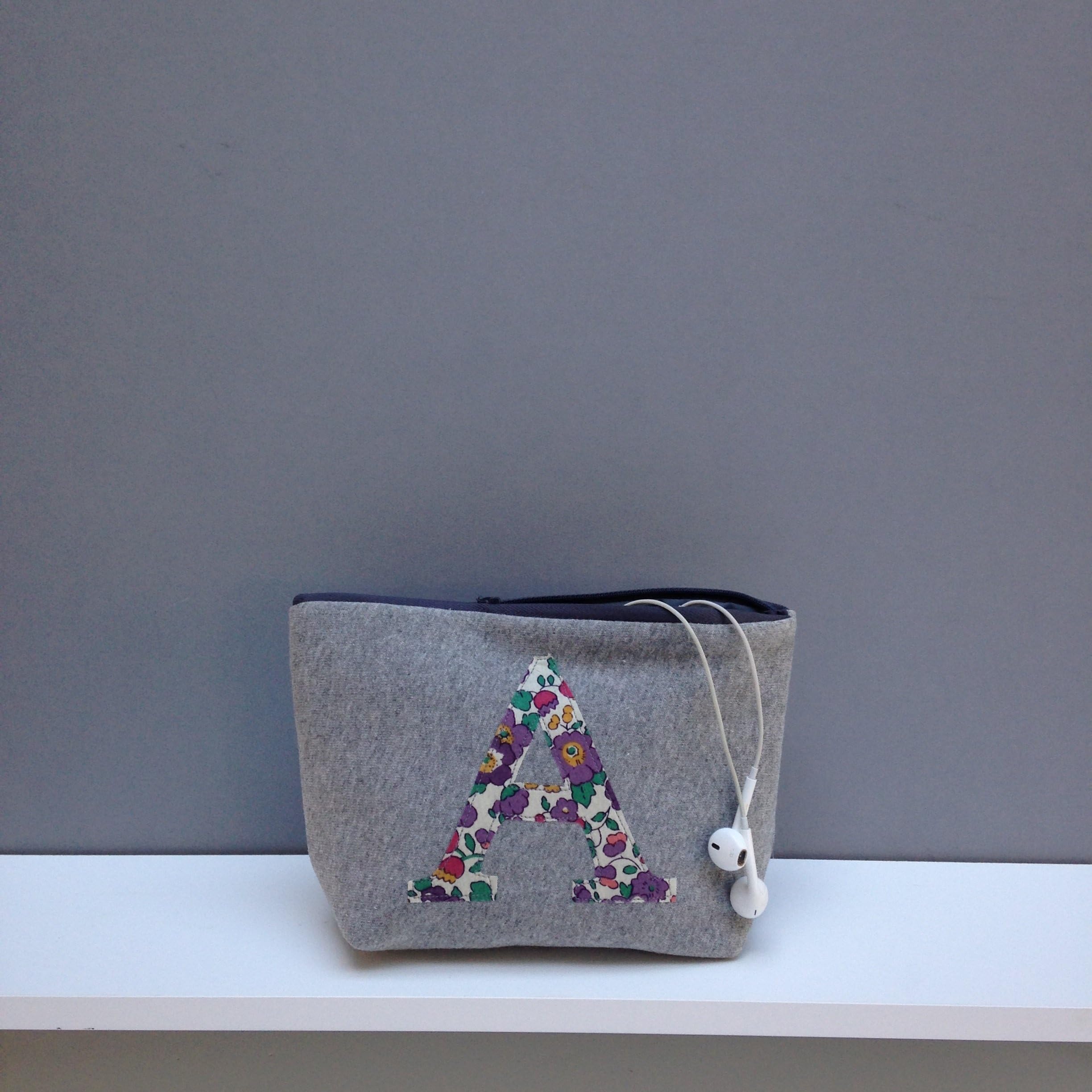 Grey Jersey Liberty Print Personalized Applique Zip Pouch
