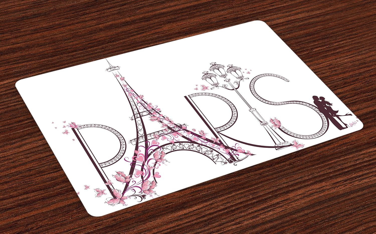 Lunarable Paris Place Mats Set of 4, Tower Eiffel with Paris Lettering Couple Trip Flowers Floral Artful Design Print, Washable Fabric Placemats for Dining Room Kitchen Table Decor, Plum Pale Pink