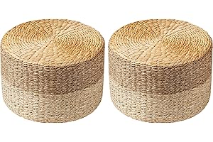 PrimeZone 2 PCS Patio Pouf Ottoman, 18" D x 18" W x 12" H Hand Woven Rattan Indoor Outdoor Footstool with Seagrass, Boho Round Poufs Footrest Floor Chair Seat for Living Room, Bedroom, Porch, Natural