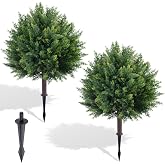 FONYICK 27.6'' Artificial Cedar Topiary Ball Trees (2 Pack), UV Resistant Faux Evergreen Shrubs with Ground Spikes, Realistic Fake Cedar Trees for Front Porch Planter, Outdoor &amp; Indoor Decor