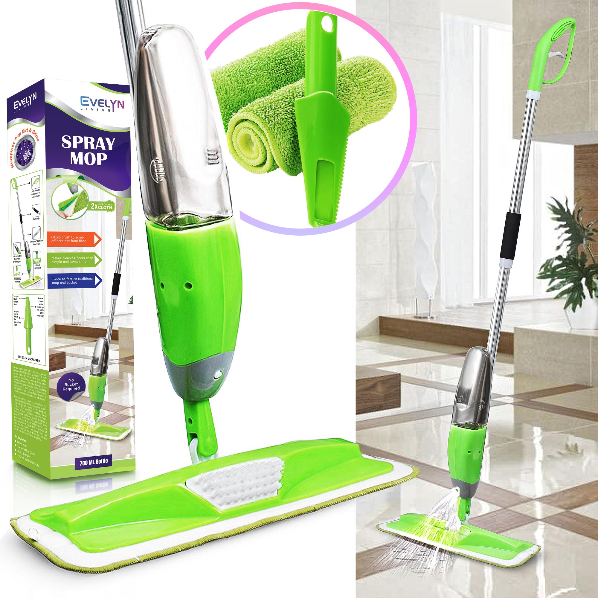 Evelyn Living Green Spray Mop With Refillable 700 ml Capacity Bottle