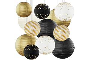 BISANZOYA Black and Gold Hanging Paper Lanterns 12pcs Party Decorations for Graduation Anniversary Birthday Wedding Party New Years Eve Party Decorations 2025