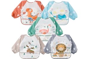 R HORSE 5Pcs Long Sleeved Bib for Babies Toddlers Waterproof Sleeved Bib with Great Capacity Pocket Gift for Baby 6-36 Months