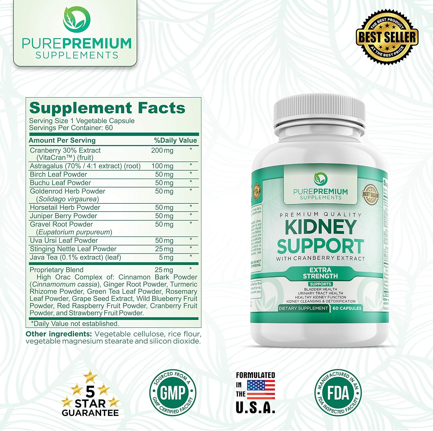 Premium Kidney Support Supplement by PurePremium (Kidney Cleanse Supplement) Potent Herbal Ingredients for Urinary Tract and Bladder Health – Cranberry Extract, Astragalus and Uva Ursi Leaf - 60 Caps: Health & Personal Care