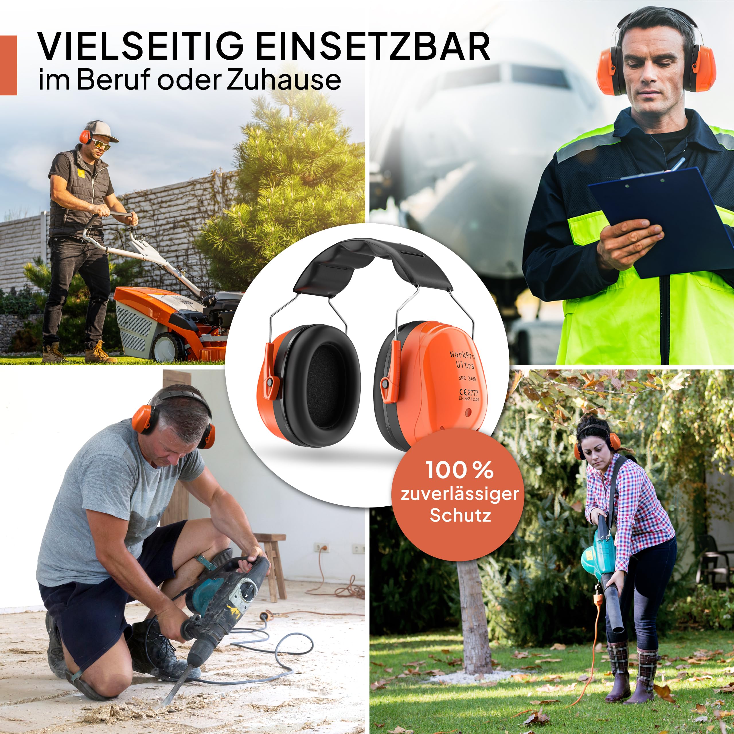 Senner ® WorkPro Ultra | Gehörschutz für Arbeit und Freizeit – Größenverstellbare Ohrenschützer - Hochwertige Lärmschutz Kopfhörer mit SNR von 34 dB - Kapselgehörschutz Schwarz/Orange - Unisex 5