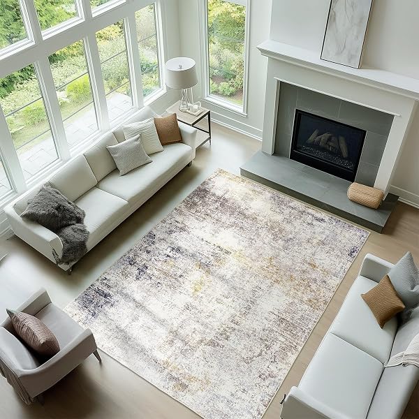 5X7 ABSTRACT AREA RUGS WASHABLE NON-SLIP RUG FOR LIVING ROOM BEDROOM SOFT CARPET INDOOR FLOOR NON-SHEDDING RUGS FOR DINING ROOM, KIDS PLAYROOM, FARMHOUSE, NURSERY DECOR, BEIGE