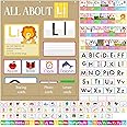Motiskyy 34" x 27" All About Letters Pocket Chart Alphabet Learning Pocket Chart Letter of The Day/Week Activity Wall Alphabet Card for Homeschool Preschool Kindergarten Kid Learning(Linen, Cute)